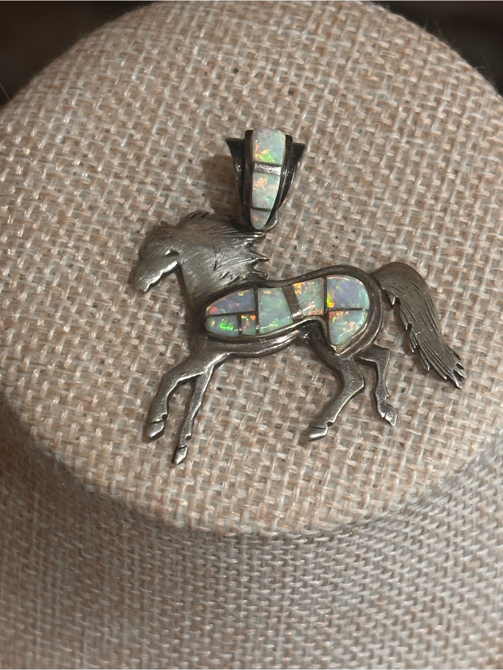 TSF fire opal Sterling horse pendant